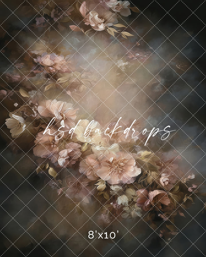 Fine art backdrop with sepia-toned floral bouquet and soft blush roses over a moody, painterly background