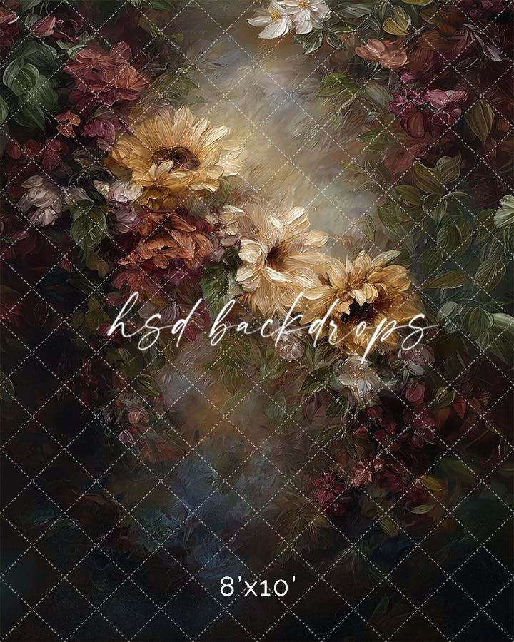 Twilight Sunflower Garden moody floral backdrop with golden sunflowers.