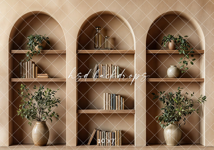 Arched Tan Bookcase (sweep options) - HSD Photography Backdrops