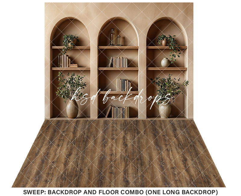 Arched Tan Bookcase (sweep options) - HSD Photography Backdrops