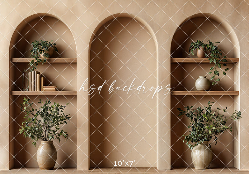 Arched Tan Bookshelf Wall (sweep options) - HSD Photography Backdrops