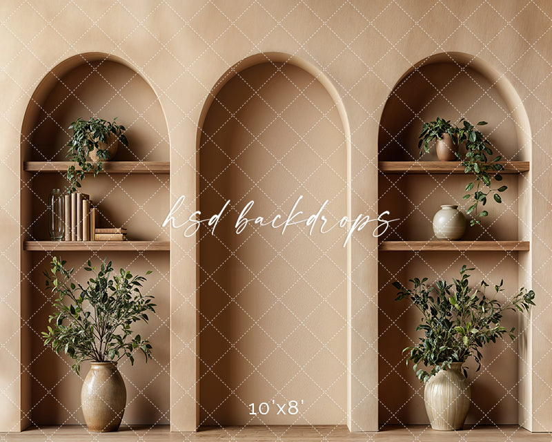 Arched Tan Bookshelf Wall (sweep options) - HSD Photography Backdrops