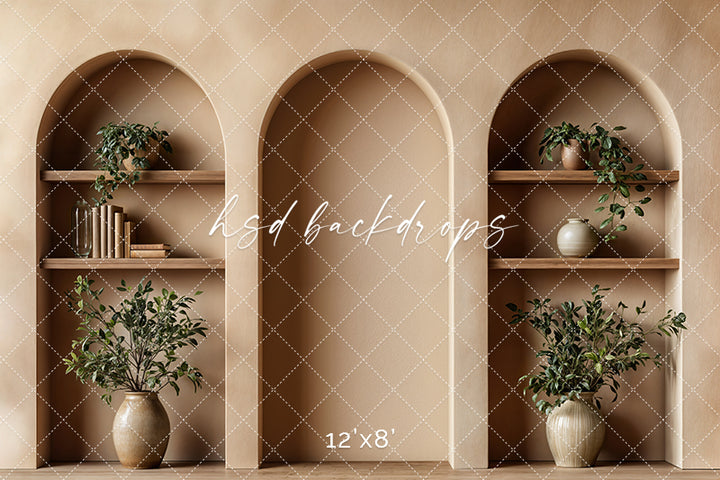 Arched Tan Bookshelf Wall (sweep options) - HSD Photography Backdrops