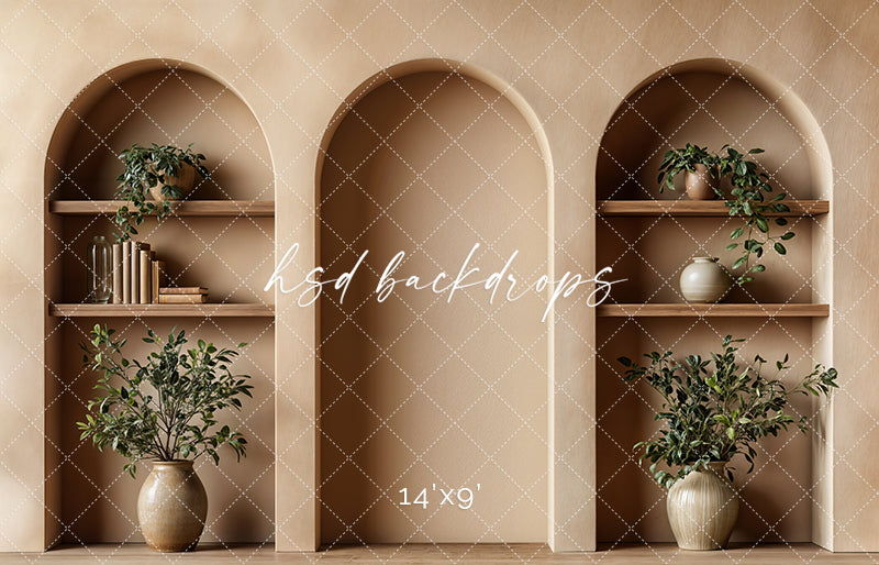 Arched Tan Bookshelf Wall (sweep options) - HSD Photography Backdrops