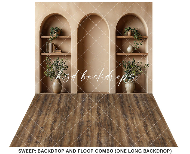 Arched Tan Bookshelf Wall (sweep options) - HSD Photography Backdrops