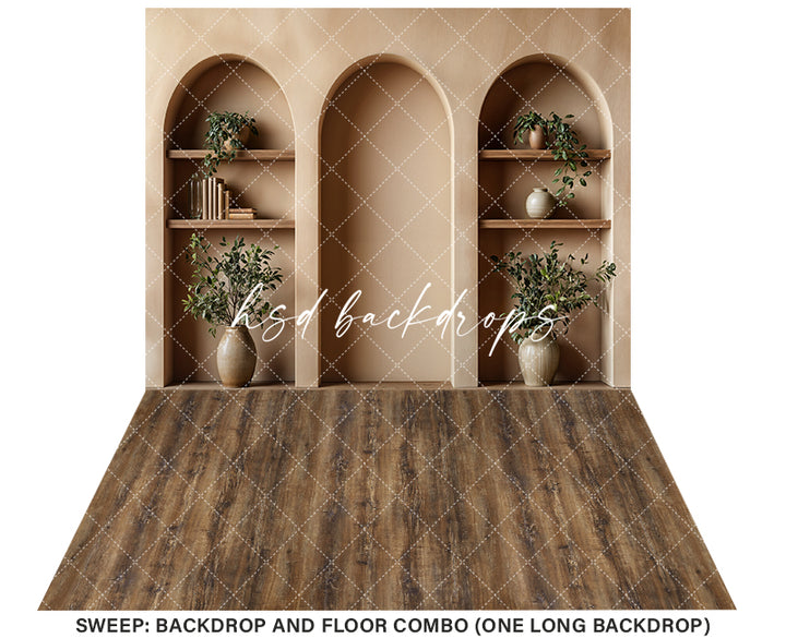 Arched Tan Bookshelf Wall (sweep options) - HSD Photography Backdrops
