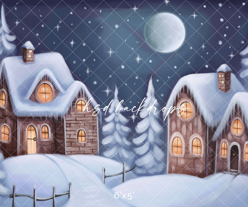 Snowy Mountain Village Backdrop with a Winter Scene