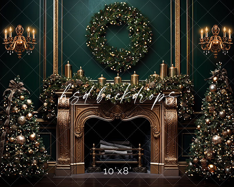 Elegant Emerald Christmas Fireplace - HSD Photography Backdrops