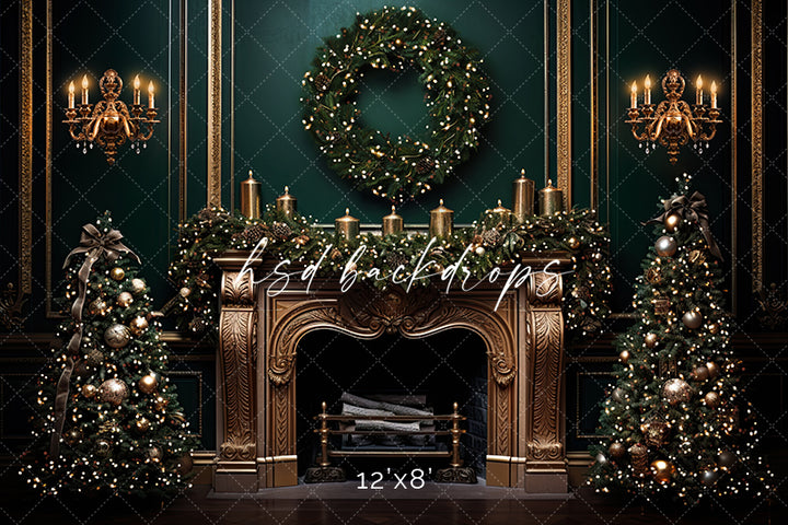 Elegant Emerald Christmas Fireplace - HSD Photography Backdrops