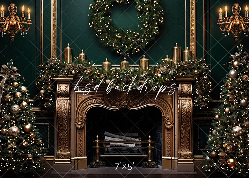 Elegant Emerald Christmas Fireplace - HSD Photography Backdrops