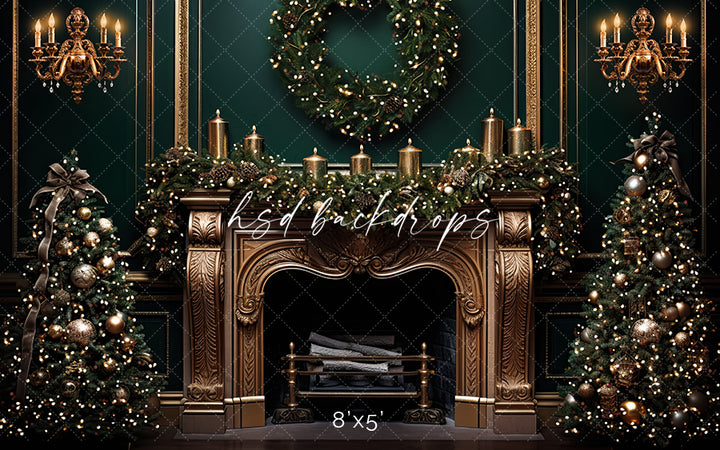 Elegant Emerald Christmas Fireplace - HSD Photography Backdrops