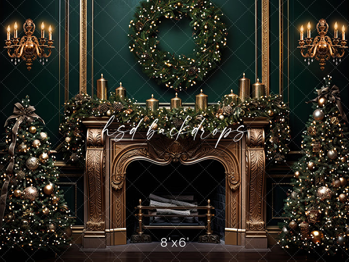 Elegant Emerald Christmas Fireplace - HSD Photography Backdrops