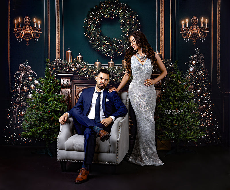 Elegant Emerald Christmas Fireplace - HSD Photography Backdrops
