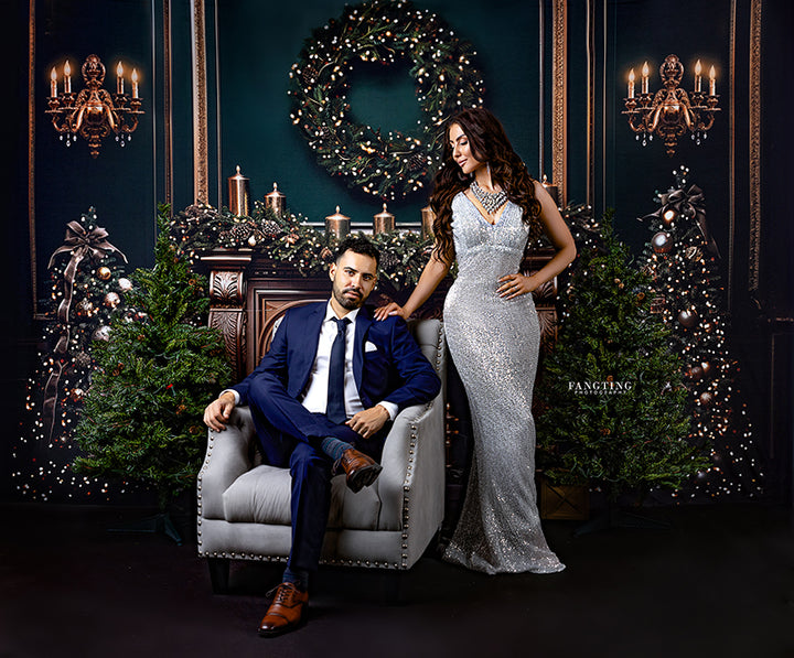 Elegant Emerald Christmas Fireplace - HSD Photography Backdrops