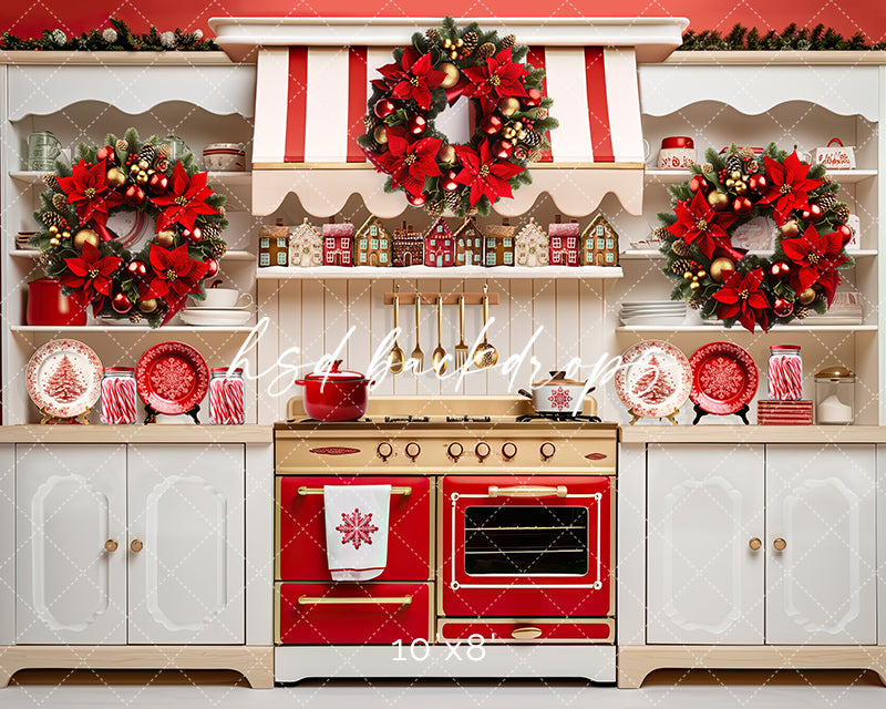 Red & White Christmas Kitchen - HSD Photography Backdrops