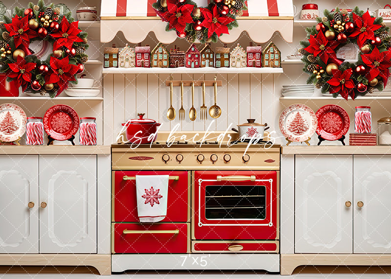 Red & White Christmas Kitchen - HSD Photography Backdrops