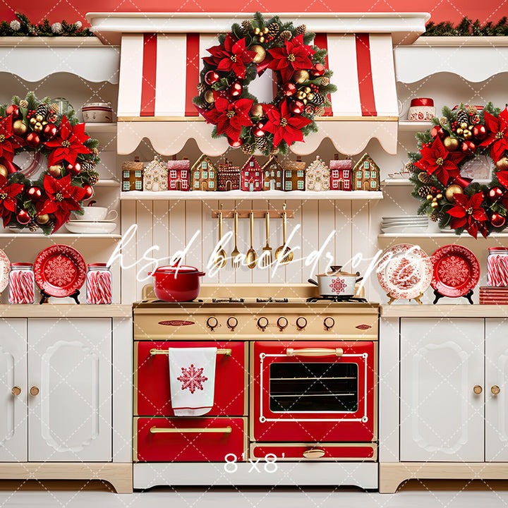 Red & White Christmas Kitchen - HSD Photography Backdrops