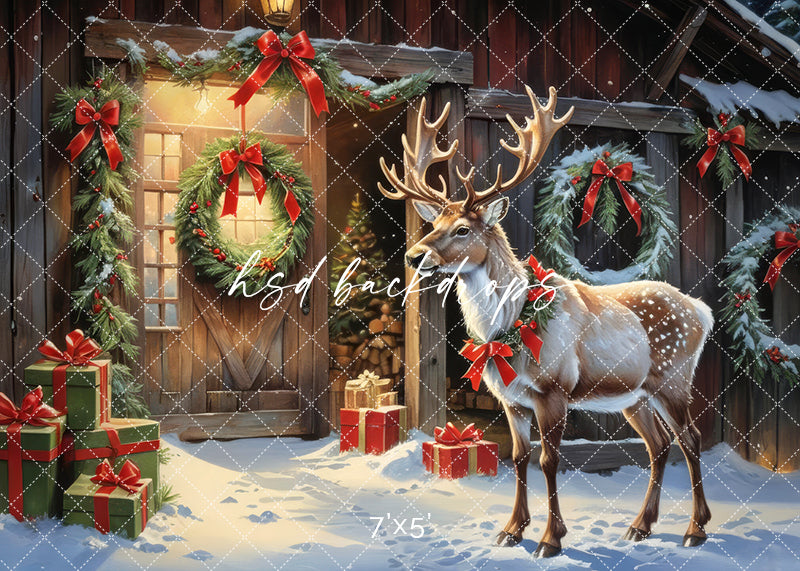 Festive Reindeer Christmas Barn Background for Pictures