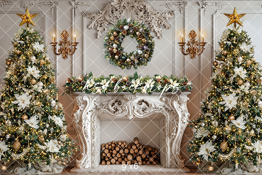 Elegant White Christmas Fireplace (sweep options) - HSD Photography Backdrops