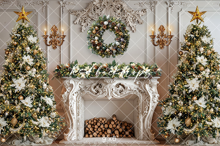 Elegant White Christmas Fireplace (sweep options) - HSD Photography Backdrops