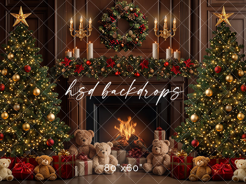 Teddy Bear Christmas Fireplace Backdrop for Holiday Pictures