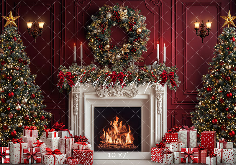 Red & White Christmas Fireplace - HSD Photography Backdrops