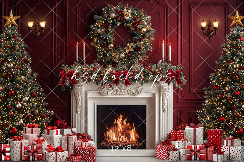 Red & White Christmas Fireplace - HSD Photography Backdrops