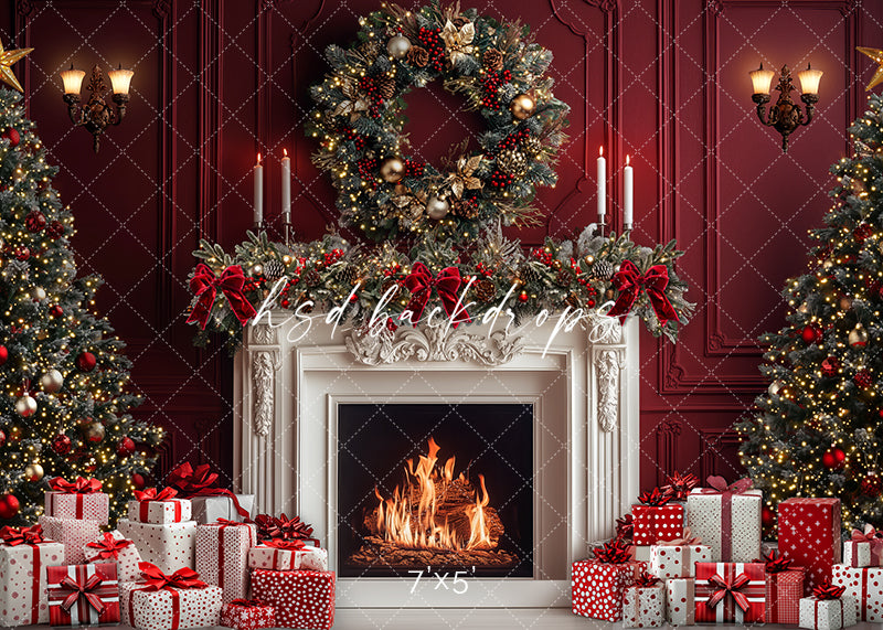 Red & White Christmas Fireplace - HSD Photography Backdrops