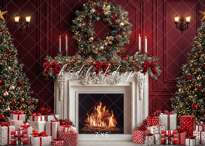 Red & White Christmas Fireplace - HSD Photography Backdrops