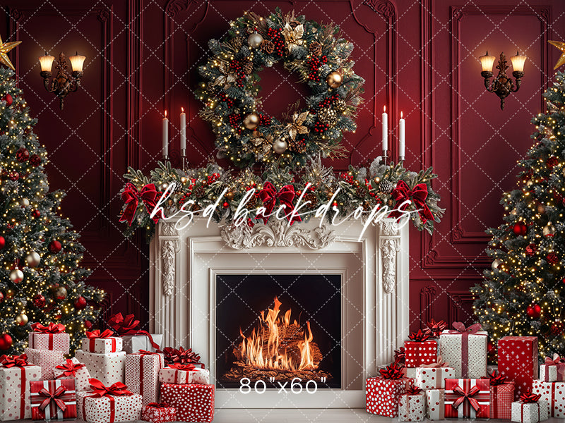Red & White Christmas Fireplace Photo Backdrop for Photography