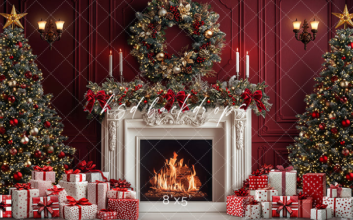 Red & White Christmas Fireplace - HSD Photography Backdrops
