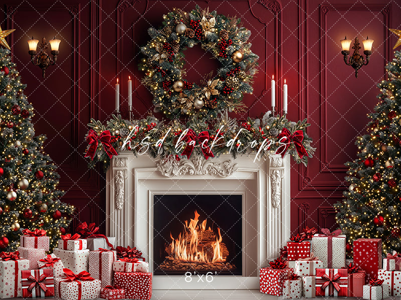 Red & White Christmas Fireplace - HSD Photography Backdrops