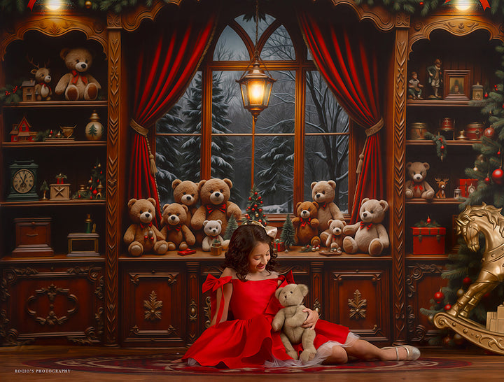 Cozy Christmas toy shop backdrop with teddy bears, red curtains, garlands, and a snowy window view—perfect for festive portraits.