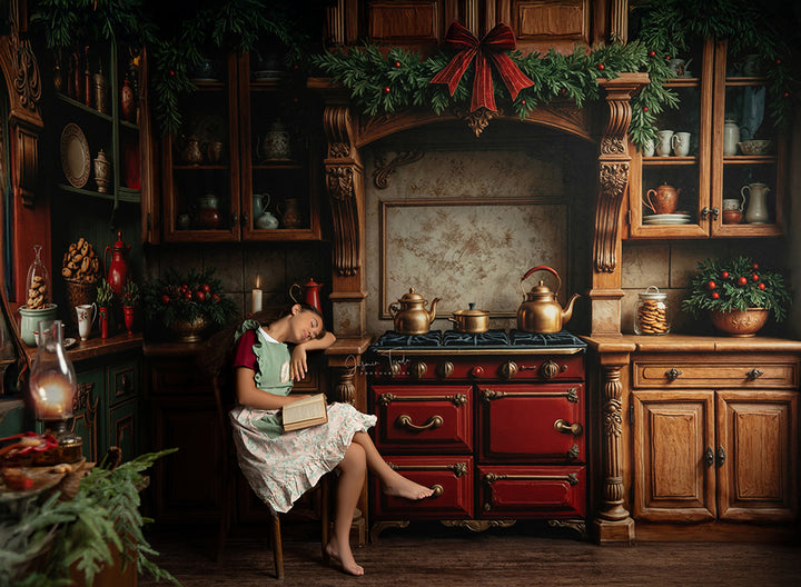 Vintage Christmas kitchen backdrop with red stove, wreath, cookies, garlands, and festive green cabinets—warm and cozy holiday vibe.