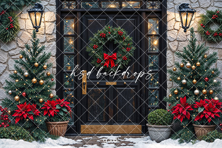 Poinsettia Porch Christmas Backdrop (sweep options)