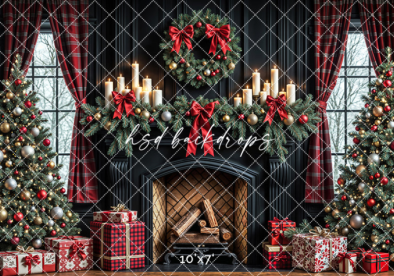 Plaid & Pine Christmas Fireplace Holiday Photography Backdrop (sweep options)