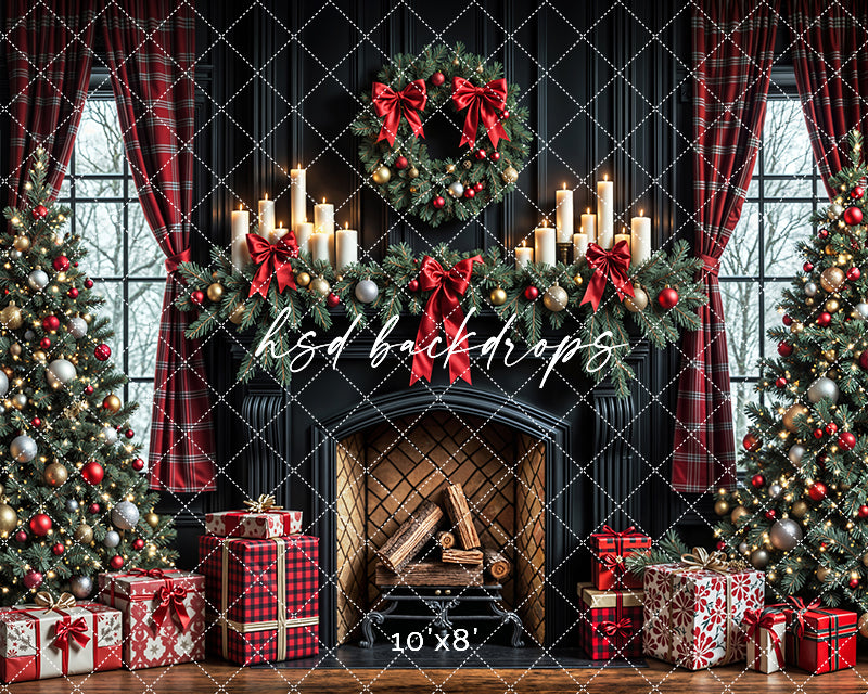 Plaid & Pine Christmas Fireplace Holiday Photography Backdrop (sweep options)