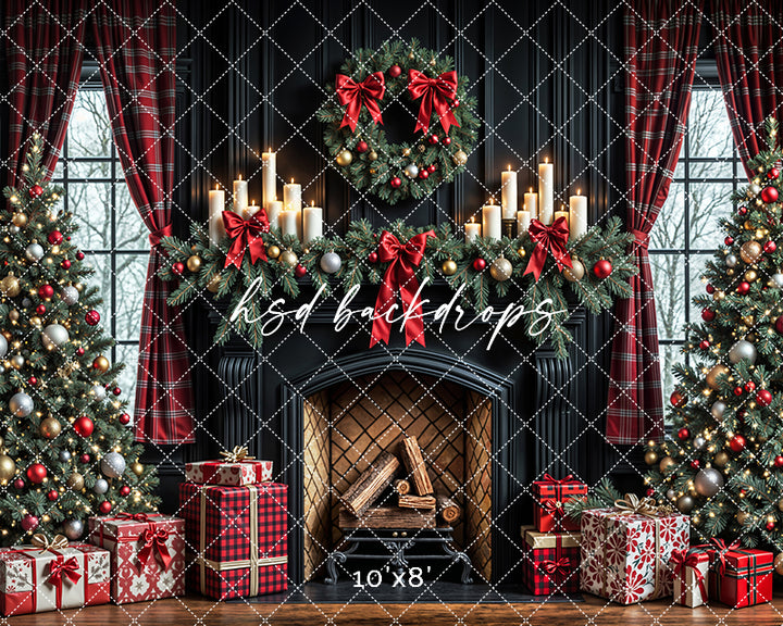 Plaid & Pine Christmas Fireplace Holiday Photography Backdrop (sweep options)