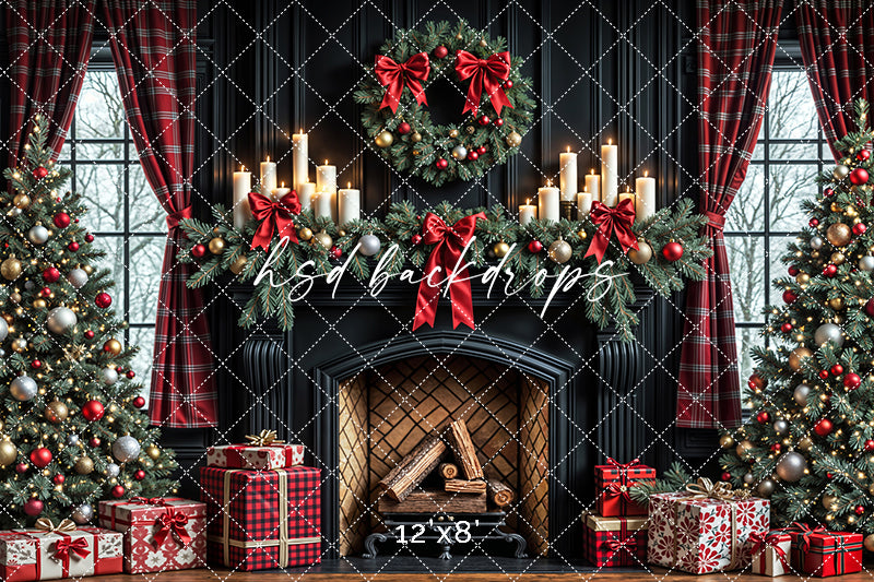 Plaid & Pine Christmas Fireplace Holiday Photography Backdrop (sweep options)