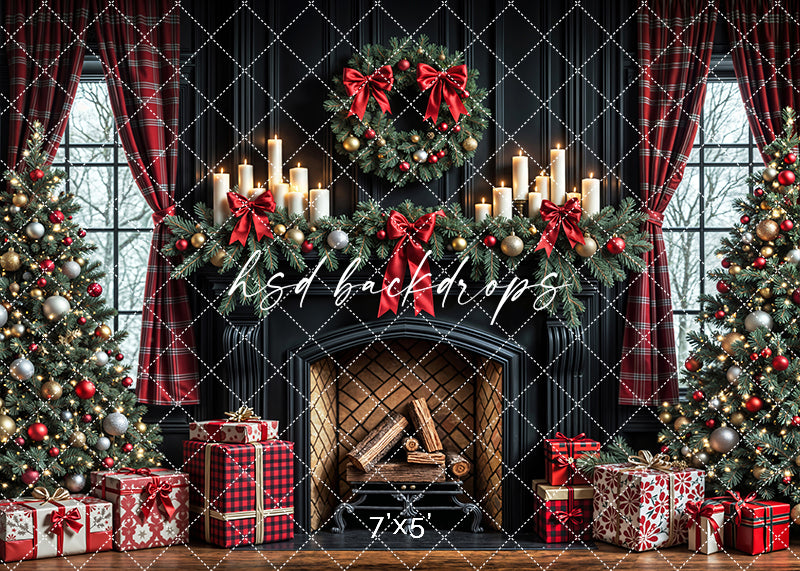 Plaid and pine Christmas fireplace backdrop with candles, trees, and gifts