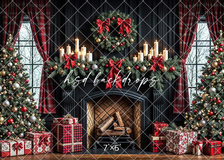 Plaid and pine Christmas fireplace backdrop with candles, trees, and gifts