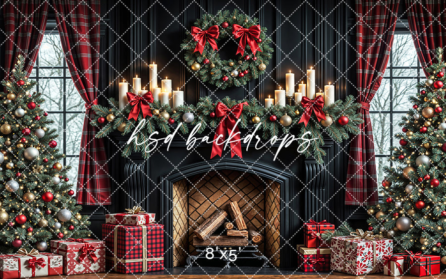 Plaid & Pine Christmas Fireplace Holiday Photography Backdrop (sweep options)
