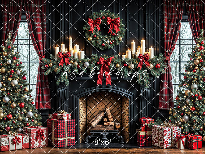 Plaid & Pine Christmas Fireplace Holiday Photography Backdrop (sweep options)