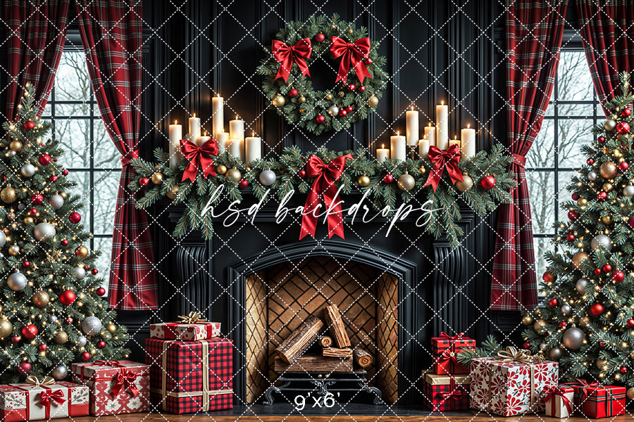 Plaid & Pine Christmas Fireplace Holiday Photography Backdrop (sweep options)