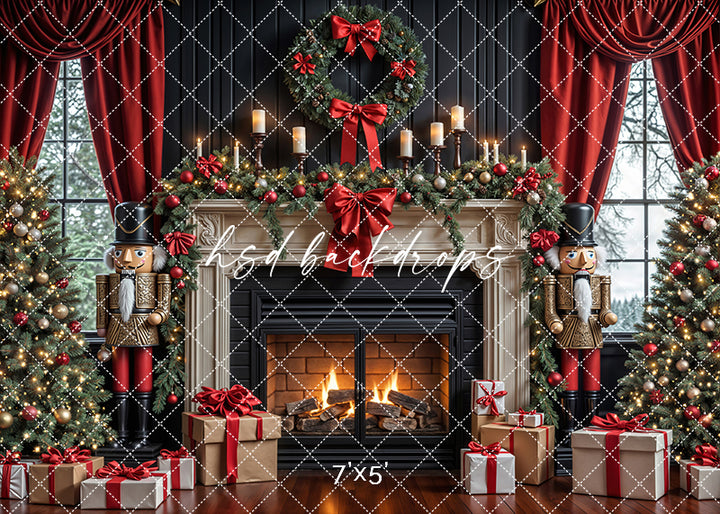 Classic Christmas fireplace backdrop with nutcrackers, trees, and gifts