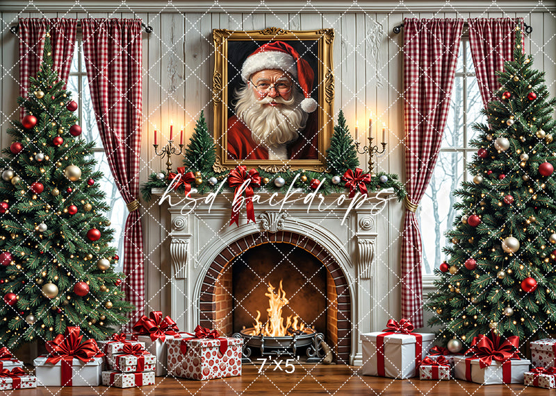 Christmas backdrop with fireplace, Santa portrait, Christmas trees, and gifts