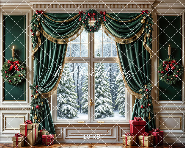 Emerald Elegance Christmas Window Backdrop (sweep options)