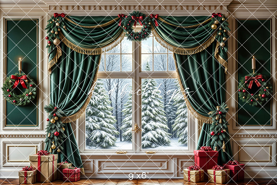 Emerald Elegance Christmas Window Backdrop (sweep options)