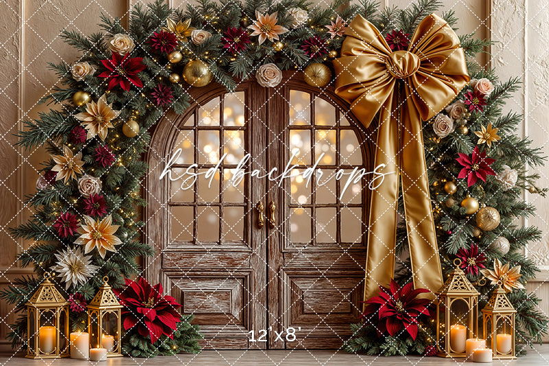 Golden Bow Garland Door * Christmas Photo Background (sweep options)