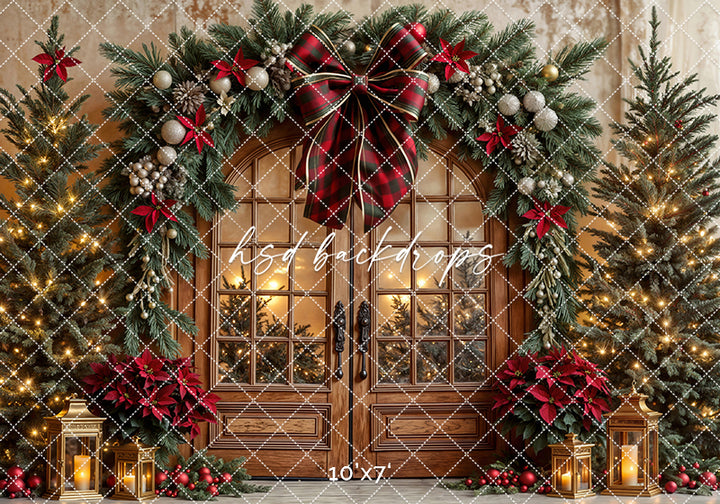 Plaid & Poinsettia Door * Christmas Photo Backdrop